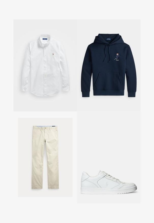 Marineblauer Kapuzenpullover mit Fronttasche, Kordelzügen und kleinem, gesticktem Skifahrer-Motiv sowie "POLO"-Schriftzug auf der Brust.; Weißes Baumwollhemd mit Knopfverschluss, klassischem Kragen, langen Ärmeln und einem kleinen gestickten Logo auf der linken Brust.; Beige Baumwollhosen mit geradem Bein, Gürtelschlaufen, vorderem Knopf, Reißverschluss und Seitentaschen.; Weißer Ledersneaker mit glatter Textur, ausgestattet mit einer perforierten Zehenpartie, Schnürverschluss und gesticktem Logo an der Seite. Weiße Gummisohle.