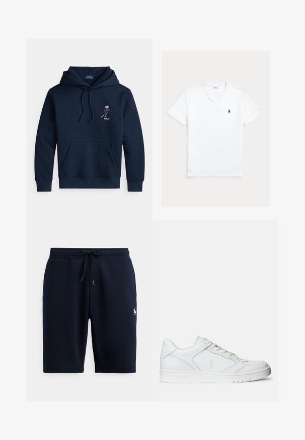 Marineblauer Kapuzenpullover mit Fronttasche, Kordelzügen und kleinem, gesticktem Skifahrer-Motiv sowie "POLO"-Schriftzug auf der Brust.; Weißes V-Ausschnitt-T-Shirt mit kurzen Ärmeln und kleinem dunkelblauem Polo Ralph Lauren Logo auf der linken Brust, flach auf hellem Hintergrund präsentiert.; Marineblaue Baumwoll-Sportshorts mit elastischem Bund, Kordelzug und Logo-Akzent auf der linken Seite. Glatte Textur, knielang.; Weißer Ledersneaker mit glatter Textur, ausgestattet mit einer perforierten Zehenpartie, Schnürverschluss und gesticktem Logo an der Seite. Weiße Gummisohle.