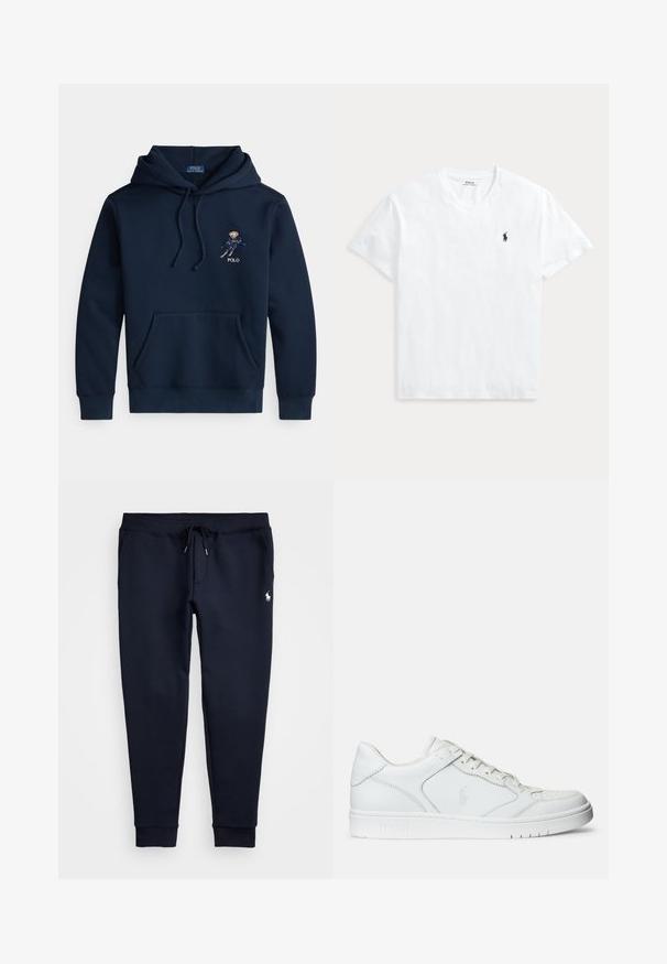 Donkerblauwe hoodie met voorkantzak, trekkoorden, een kleine geborduurde skisprongafbeelding en de tekst "POLO" op de borst.; Wit T-shirt met V-hals en korte mouwen met een klein marineblauw Polo Ralph Lauren paardenlogo op de linkerborst.; Marineblauwe joggingbroek met trekkoord in de taille, zijzakken, geribbelde enkels en klein wit paardenlogo op de rechterdij.; Witte leren sneaker met een gladde textuur, voorzien van een geperforeerde neus, vetersluiting en geborduurde logo aan de zijkant. Witte rubberen zool.
