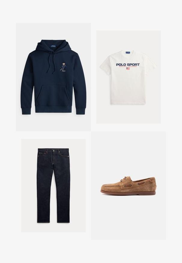 Marineblauer Kapuzenpullover mit Fronttasche, Kordelzügen und kleinem, gesticktem Skifahrer-Motiv sowie "POLO"-Schriftzug auf der Brust.; Weißes Baumwoll-T-Shirt mit der Aufschrift "POLO SPORT" in Marineblau und "RALPH LAUREN" in Rot. Inklusive kleinem amerikanischem Flaggen-Logo. Kurze Ärmel, Rundhalsausschnitt.; Dunkle Jeans aus Denim mit geradem Schnitt, fünf Taschen, orangefarbener Naht und Knopfleiste. Das Gewebe hat eine glatte Textur.; Brauner Mokassin aus Wildleder mit Lederband-Details, genähter Spitze und flacher Gummisohle, seitlich auf hellem Hintergrund dargestellt.