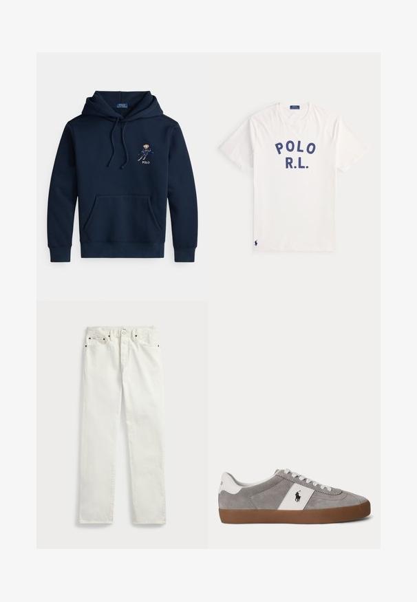 Marineblauer Kapuzenpullover mit Fronttasche, Kordelzügen und kleinem, gesticktem Skifahrer-Motiv sowie "POLO"-Schriftzug auf der Brust.; Weißes kurzärmeliges T-Shirt mit dunkelblauem Text "POLO R.L." auf der Brust und einem kleinen dunkelblauen Polo Ralph Lauren-Logo nahe dem unteren Saum.; Weiße Denim-Jeans mit geradem Schnitt, ausgestattet mit fünf Taschen, Metallknöpfen und Ziernähten entlang der Nähte. Glatte Textur.; Low-Top grauer Wildleder-Sneaker mit weißen Schnürsenkeln, weißer Ferse und Seitenpanel mit schwarzem Polo-Spieler-Logo und brauner Gummisohle.