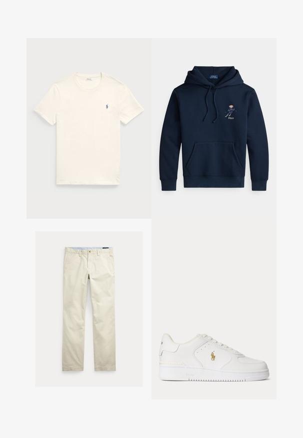 Marineblauer Kapuzenpullover mit Fronttasche, Kordelzügen und kleinem, gesticktem Skifahrer-Motiv sowie "POLO"-Schriftzug auf der Brust.; Cremfarbener Baumwoll-T-Shirt mit Rundkragen und kurzen Ärmeln. Verfügt über ein kleines, blaues gesticktes Logo auf der linken Brust.; Beige Baumwollhosen mit geradem Bein, Gürtelschlaufen, vorderem Knopf, Reißverschluss und Seitentaschen.; Weißer Leder-Sneaker mit niedrigem Schnitt, weißen Schnürsenkeln und einem goldfarbenen Polo Ralph Lauren-Logo an der Seite sowie "Polo" auf der Sohle geprägt.