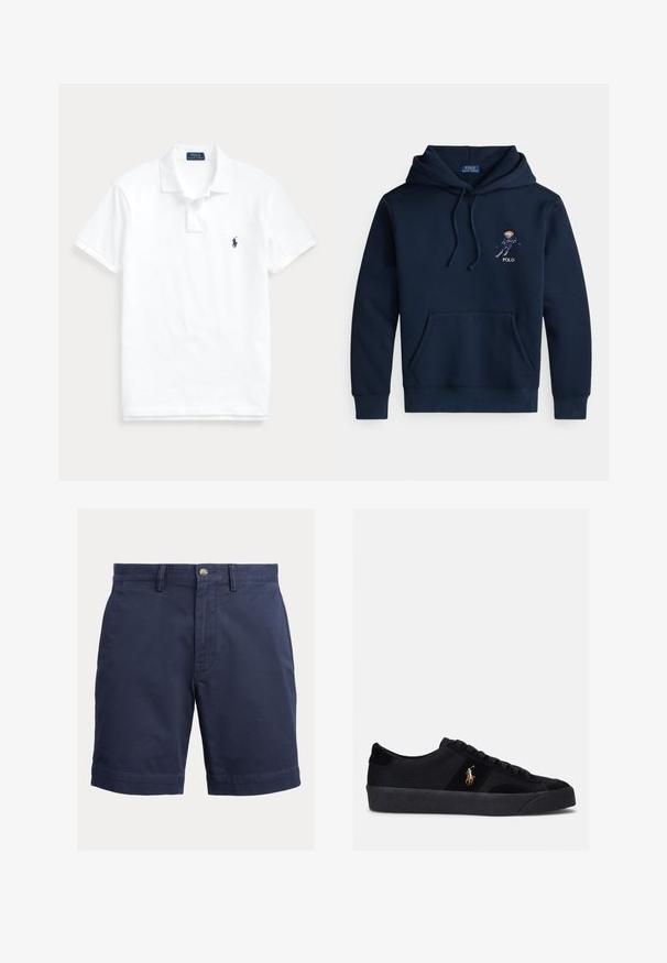 Sweat à capuche bleu marine avec poche avant, cordons de serrage, petit motif brodé d'un skieur et texte "POLO" sur la poitrine.; Polo blanc à manches courtes avec col, patte de boutonnage à deux boutons et petit logo bleu marine sur le côté gauche de la poitrine.; Shorts homme bleu marine avec fermeture par bouton, passants pour ceinture et ourlet droit sur un fond clair uni.; Baskets noires avec un dessus en tissu et en daim, bout rond, semelle en caoutchouc plate et logo brodé sur le côté. Design à lacets avec six œillets.
