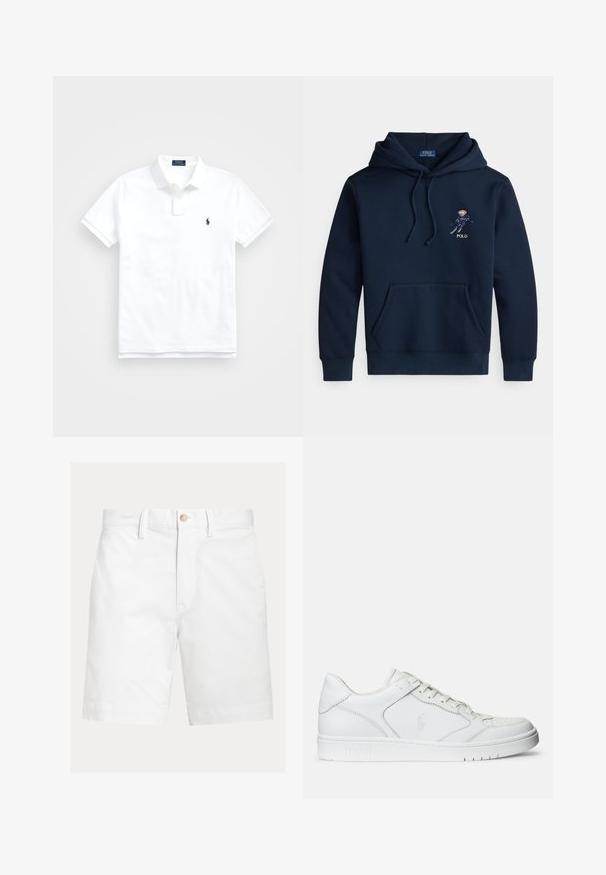 Marineblauer Kapuzenpullover mit Fronttasche, Kordelzügen und kleinem, gesticktem Skifahrer-Motiv sowie "POLO"-Schriftzug auf der Brust.; Weißes Poloshirt mit kurzen Ärmeln, Kragen, zwei Knöpfen und kleinem dunkelblau besticktem Logo auf der linken Brust.; Weiße kniehohe Shorts mit Gürtelschlaufen und braunem Knopfverschluss an der Taille, auf schlichtem Hintergrund dargestellt.; Weißer Ledersneaker mit glatter Textur, ausgestattet mit einer perforierten Zehenpartie, Schnürverschluss und gesticktem Logo an der Seite. Weiße Gummisohle.