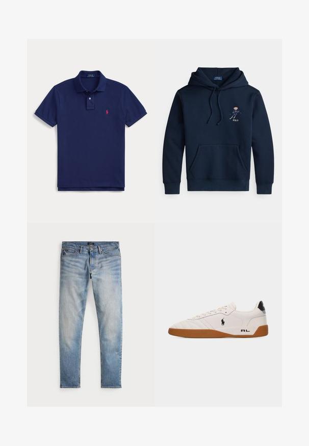 Sudadera con capucha azul marino con bolsillo frontal, cordones y pequeño gráfico bordado de esquiador y texto "POLO" en el pecho.; Polo azul marino con cuello, tapeta con dos botones, mangas cortas y pequeño logo rojo de Ralph Lauren en el pecho izquierdo.; Jeans de mezclilla azul claro con un acabado desteñido, diseño de cinco bolsillos y costuras en contraste. Incluyen un cierre de cremallera y trabillas para cinturón. Corte recto.; Zapatilla blanca de estilo bajo con suela de goma marrón, logo negro de Polo Ralph Lauren en el lateral y texto "RL" en la parte del talón.