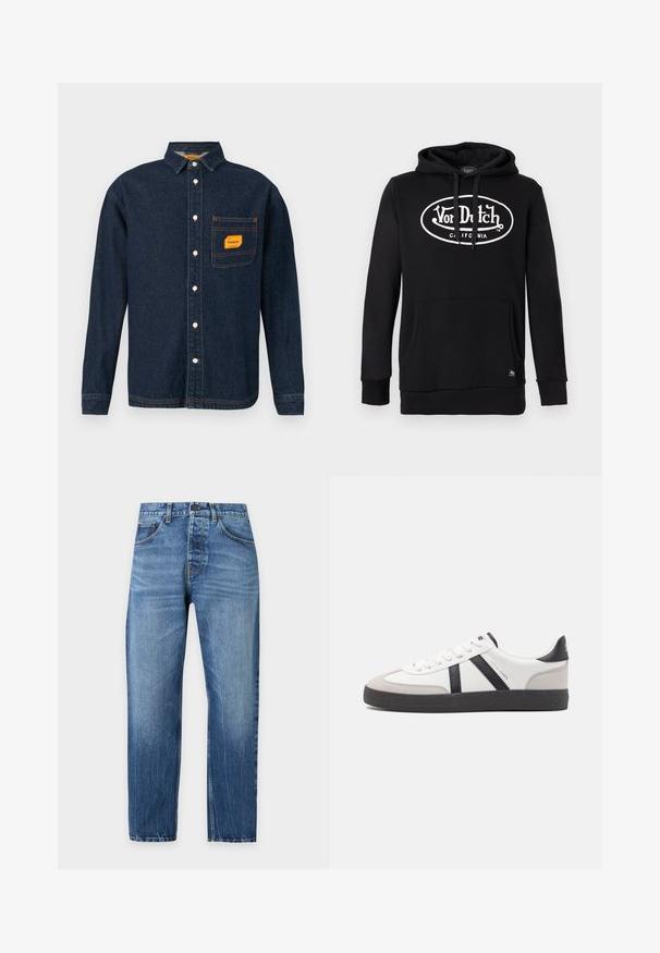Zwarte hoodie met een voorzak en een wit Von Dutch California-logo gecentreerd op de borst, voorzien van een verstelbare capuchon met trekkoord.; Donkerblauwe denim shirt met button-down kraag, oranje label op de borstzak en witte knopen. Zachte textuur met contrasterende stikseldetails.; Blauwe denim jeans met rechte pijpen, vervaagde wassing, knoop en ritssluiting aan de voorkant, en standaard ontwerp met vijf zakken.; Witte sneaker met zwarte en grijze accenten, voorzien van een grijze neus met textuur, zwarte rubberen zool en platte witte veters. Schoon ontwerp, minimalistische stijl.