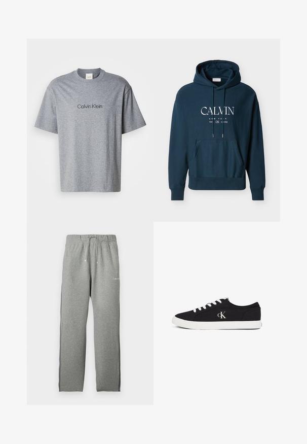 Sudadera con capucha azul marino, con bolsillo delantero y texto blanco "CALVIN NEW YORK 1968 CK Calvin Klein" centrado en el pecho.; Camiseta de algodón gris con mangas cortas, cuello redondo y un logotipo impreso de "Calvin Klein" en un tono más oscuro en el pecho.; Pantalones deportivos gris claro con cinturilla elástica, cordón ajustable, franjas negras laterales y pequeño logo blanco de Calvin Klein en la parte delantera.; Zapatilla negra de corte bajo con cordones y suela blancos, con el logo "cK" en el lateral, presentada sobre un fondo blanco.