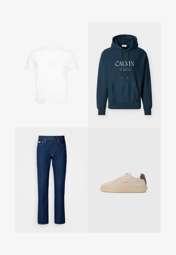 Sudadera con capucha azul marino, con bolsillo delantero y texto blanco "CALVIN NEW YORK 1968 CK Calvin Klein" centrado en el pecho.; Camiseta blanca de manga corta con cuello redondo y pequeño logo "ck" bordado en el pecho izquierdo.; Jeans de denim azul oscuro con un diseño de pierna recta, que cuentan con una cremallera y cierre de botón, cinco bolsillos y detalles de costura sutiles.; Zapatilla de ante beige con punta redondeada, cordones en la parte frontal y un acento de ante marrón en el talón. Cuenta con una suela de goma texturizada.