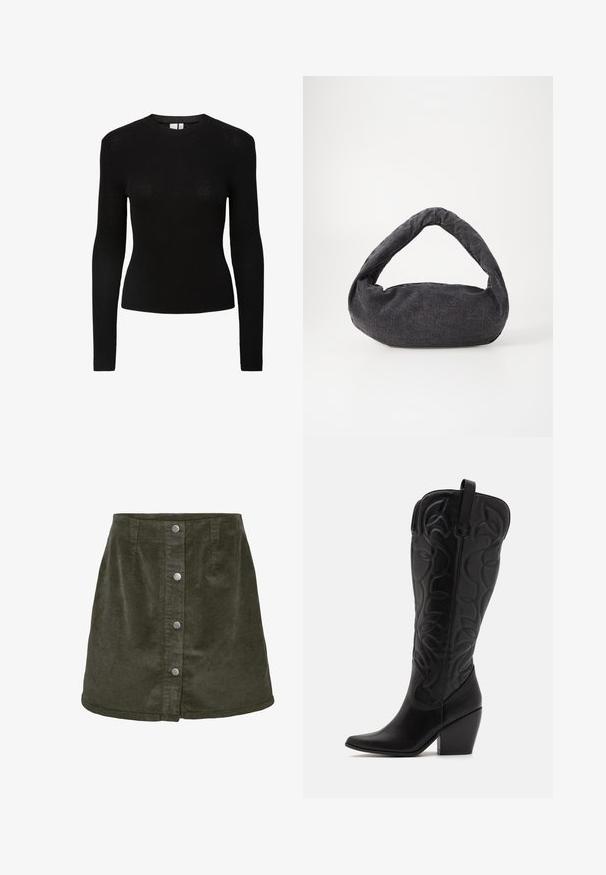 Schwarzes geripptes Langarmshirt mit rundem Halsausschnitt und figurbetonter Silhouette, aus einem strukturierten Strickmaterial gefertigt.; Dunkelgrüner Cord-Rock in A-Linie, mit fünf silbernen Knopfverschlüssen auf der Vorderseite und vertikaler Ripptextur.; Schwarze kniehohe Stiefel aus Leder mit spitz zulaufender Zehenpartie und gestapeltem Absatz. Verfügt über dekorative Nähte und geschwungene Designelemente.; Dunkelgraue Stofftasche mit einem gebogenen Griff, weicher Textur und runder Form. Keine sichtbaren Beschläge oder Verzierungen.