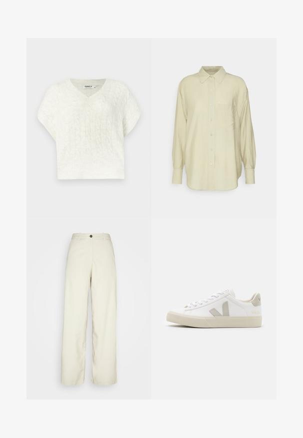 Pull en tricot blanc avec un col en V, des manches courtes, un ourlet côtelé et un motif texturé. Fabriqué en matériau tricoté doux.; Chemise longue à manches longues de couleur beige clair, fabriquée dans un tissu doux, avec un devant à boutons, un col pointu et une poche poitrine simple. Texture lisse.; Weekday ELIO - Pantalon classique - beige dusty light; Baskets blanches en cuir avec des accents gris en forme de V, semelle en caoutchouc texturé, lacets blancs, et languette et col rembourrés.