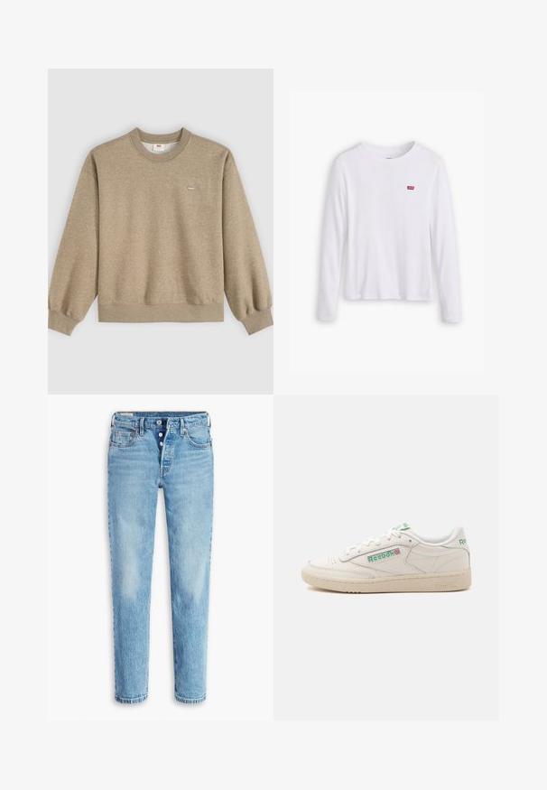 Sudadera beige de cuello redondo con mangas largas y un pequeño logo de Levi's en el lado izquierdo del pecho sobre un fondo claro.; Camisa blanca de manga larga hecha de suave algodón. Presenta un pequeñoLogo rojo de Levi's en el lado izquierdo del pecho. Diseño clásico de cuello redondo.; Jeans de denim azul claro con un diseño de pierna recta, estilo de cinco bolsillos y cierre de botón. Presentan áreas deslavadas y efecto de arrugas para dar textura.; Zapatilla blanca de corte bajo de Reebok con logo verde, cordones y suela beige, mostrada desde el lado interior sobre un fondo liso.