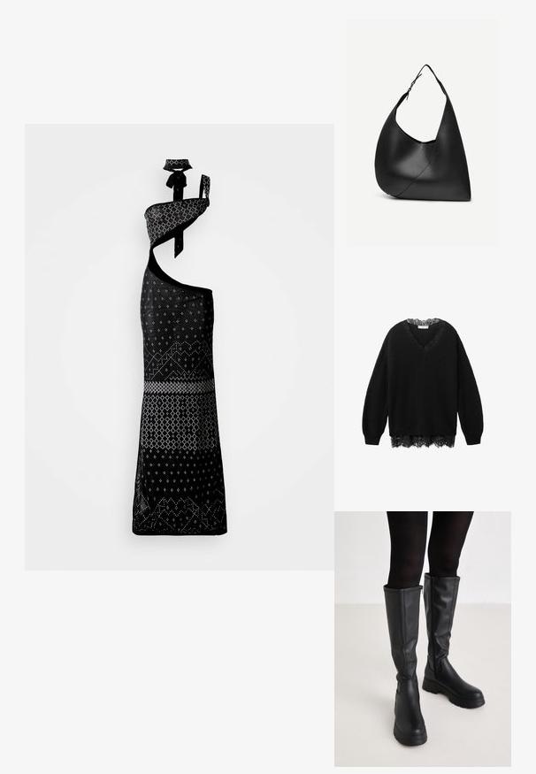 Sort langærmet strikket sweater med V-udskæring, der har blondertrim ved krave og kant for et lagdelt look.; Sort kjole med et asymmetrisk design, der har hvide geometriske mønstre, en one-shoulder silhuet og et matchende choker-accessory.; Even&Odd Plateaustøvler - black; Sort læder skuldertaske med buet trekantet form, enkelt justerbart rem og synlig diagonal søm foran.