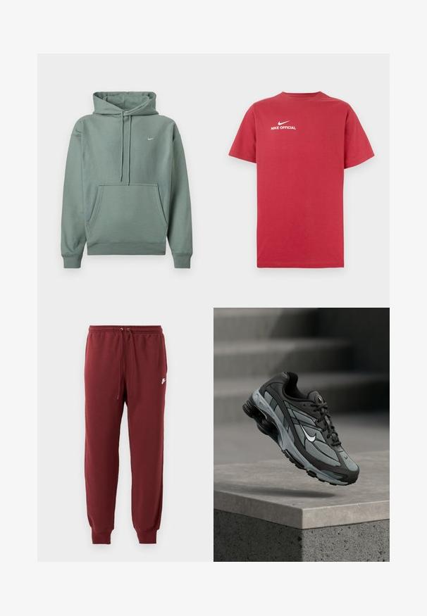 Groene hoodie van een katoenmix, met een voorzak, verstelbare capuchon en een klein wit logo op de borst. Zachte textuur, casual ontwerp.; Rood katoenen T-shirt met een ronde hals, voorzien van een wit Nike-logo en de tekst "NIKE OFFICIAL" centraal op de borst. Korte mouwen.; Bordeauxkleurige sweatpants van zachte stof, met een elastische tailleband met aantrekkoord en taps toelopende boorden, gemarkeerd met een klein wit logo.; Grijze en zwarte sportieve sneaker met meshpanelen en dikke zool, zwevend in de lucht boven een betonnen richel met trappen op de achtergrond.