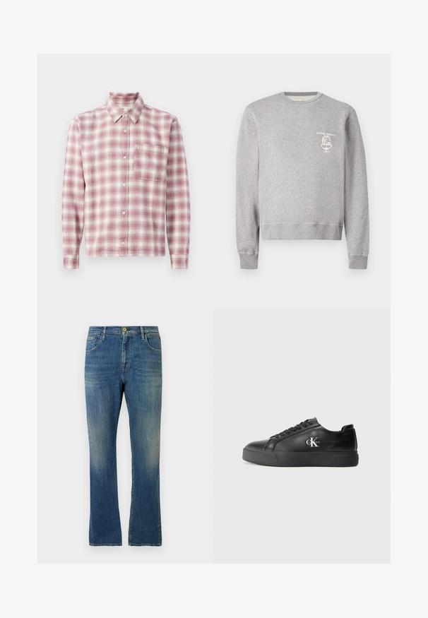 Lysegrå sweatshirt med rund hals, lange ærmer og lille hvidt trykt logo på venstre bryst med teksten "Officine Generale Paris 6."; Langærmet plaid skjorte i pink og hvid. Fremstillet af et blødt stof med knap-ned krave, enkelt brystlomme og knaplukninger.; Blå falmede denim jeans med lige ben, lynlås og knaplukning samt for- og baglommer, vist mod en hvid baggrund.; Sort læder sneaker med rund tå, flad sort sål og tonalt snørebånd. Har et sølvlogo på siden og en glat tekstur hele vejen igennem.