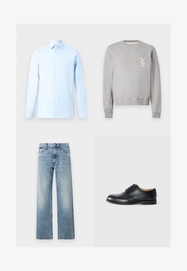 Ανοιχτό γκρι φούτερ με στρογγυλή λαιμόκοψη, μακριά μανίκια και μικρό λευκό εκτυπωμένο λογότυπο στο αριστερό στήθος που γράφει "Officine Generale Paris 6."; Ανοιχτό μπλε ανδρικό πουκάμισο με μακριά μανίκια, κουμπιά μπροστά και μυτερό γιακά, παρουσιάζεται σε απλό λευκό φόντο.; Ανοιχτό μπλε τζιν παντελόνι με ίσια γραμμή και ψηλή μέση, πέντε τσέπες, κούμπωμα με κουμπί και διακριτικό ξεθώριασμα στους μηρούς και τα γόνατα.; Calvin Klein ESS DERBY - Παπούτσια με κορδόνια - triple black