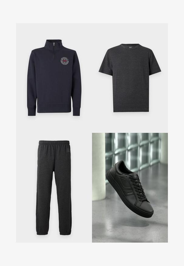 Marineblå fleecepullover med høj krave, lynlåslukning og frontlogo på brystet med cirkulært design og tekst. Glat tekstur, ribbede manchetter.; Mørkegrå T-shirt med korte ærmer og rund hals, med tynde horisontale striber og et lille "GAP"-logo på indersiden af nakken.; Grå sweatpants lavet af blødt stof, med elastisk talje og indsnævrede ben med elastiske manchetter. Subtilt logo detalje på det ene ben.; Sort lædersneaker med lav profil, der har sorte snørebånd, teksturerede detaljer og en gummisål. Logo prægede på ydersiden.