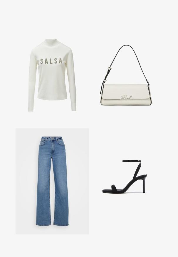 Hvid langærmet sweater med høj hals og ordet "SALSA" stavet med rhinsten på tværs af brystet.; Bredde ben blå jeans lavet af denim, med høj talje, klassisk fem-lomme design og en ren kant med minimal slid.; Sort højhælet sandal med tynd ankelrem, firkantet tå og stiletthæl på hvid baggrund.; Hvid rektangulær skuldertaske med sort kant, justerbar sort rem og sølvfarvet "Karl" signatur på frontklappen.