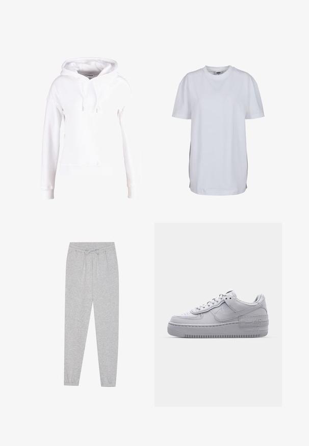 Hoodie blanc en tissu doux, doté d'une poche kangourou à l'avant, d'une capuche à cordon de serrage, et de poignets et ourlet côtelés. Design simple et décontracté.; T-shirt blanc uni à manches courtes avec col rond, ourlet droit et petite étiquette de marque visible à l'intérieur du col.; Pantalon de survêtement gris avec une texture douce, taille élastique et détail de cordon de serrage. Design de jambe fuselée avec une coupe décontractée.; Basket en cuir lisse gris Nike Air Force 1 avec un bout perforé, une semelle épaisse et un détail 'AIR' en relief sur le talon.
