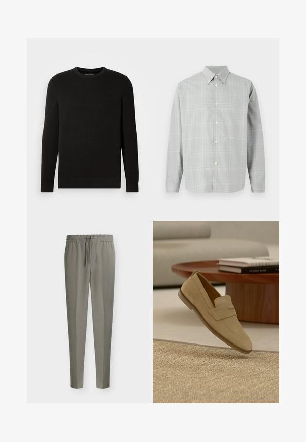 Zwarte gebreide trui met ronde hals, lange mouwen, gestructureerde stof, geribde manchetten en zoom, met een klein logo op de borst.; Grijze lange mouwen shirt met een licht geruit patroon, knopen aan de voorkant, puntige kraag en een gladde stofstructuur.; Lichtgrijze, op maat gemaakte herenhosen met taps toelopende pijpen en een elastische tailleband met een vooraan trekkoord.; Beige suède loafer die boven een beige geweven kleed zweeft, met een ronde houten salontafel en gestapelde boeken op de achtergrond.