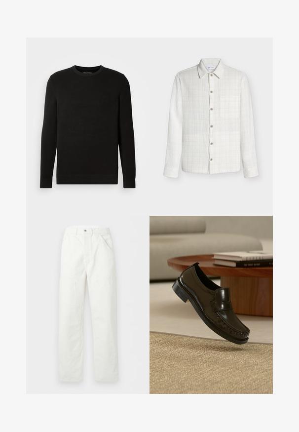 Pull noir en mailles avec col rond, manches longues, tissu texturé, bords-côtes au niveau des poignets et de l'ourlet, avec un petit logo sur la poitrine.; Chemise blanche texturée à manches longues avec un col et une poche poitrine unique, entièrement boutonnée à l'avant.; Pantalon blanc à jambes droites avec poches avant, passants pour ceinture et fermeture par bouton à la taille, présenté sur un fond uni.; Mocassin en cuir noir à enfiler flottant au-dessus d'un tapis beige tissé avec une table basse en bois et des livres en arrière-plan.