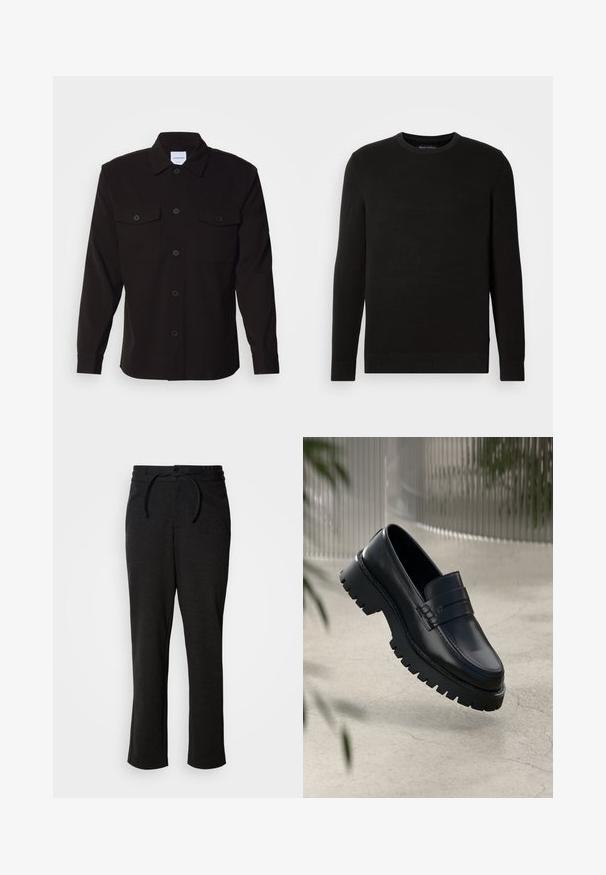 Sort strikfanget crew-neck sweater med lange ærmer, tekstureret stof, ribbede manchetter og kant, med et lille logo på brystet.; Sort skjorte med lange ærmer, knaplukning foran, to brystlommer og en struktureret krave. Fremstillet af et ensartet stof med en glat tekstur.; Sorte strikbukser med snoreliv, lige ben og sidelommer. Blød tekstur med en glat overflade.; Sorte læder loafers med en chunky sål, der har en dekorativ rem og syninger. Glat tekstur med en poleret overflade.