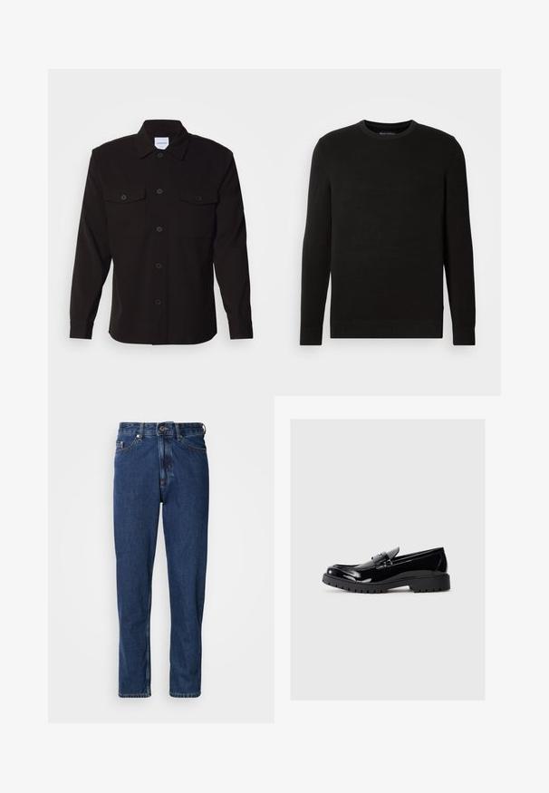 Sort strikfanget crew-neck sweater med lange ærmer, tekstureret stof, ribbede manchetter og kant, med et lille logo på brystet.; Sort skjorte med lange ærmer, knaplukning foran, to brystlommer og en struktureret krave. Fremstillet af et ensartet stof med en glat tekstur.; Mørkeblå jeans lavet af denim, med lige ben, fem-lommer stil og synlige syninger langs sømmene.; Sneakers i sort patentlæder med rund tå, dekorativ rem og kraftig gummisål med dybe treads til traction.