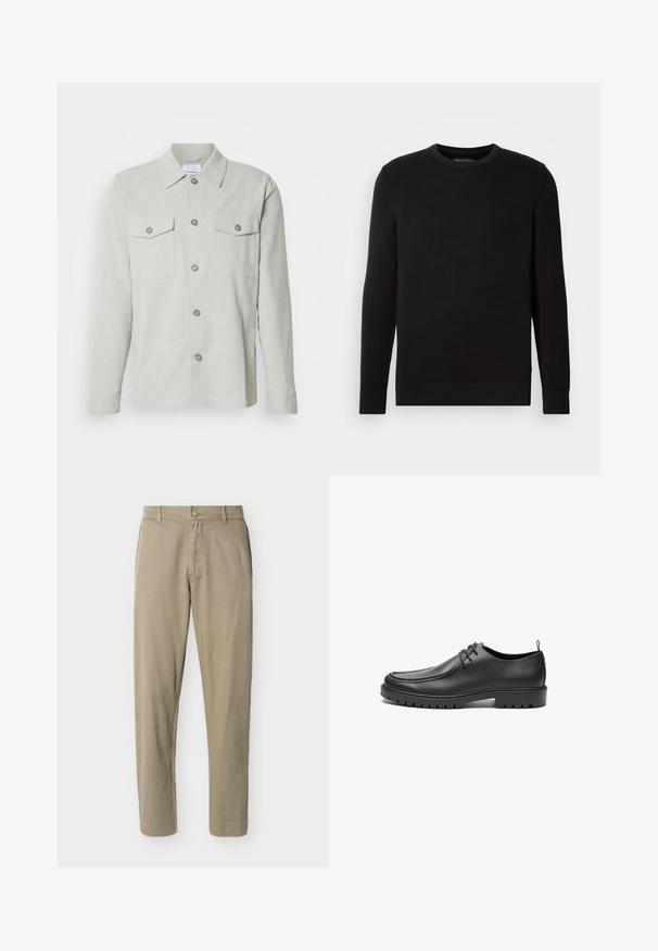 Pull noir en mailles avec col rond, manches longues, tissu texturé, bords-côtes au niveau des poignets et de l'ourlet, avec un petit logo sur la poitrine.; Chemise boutonnée gris clair, en tissu texturé, avec un col, deux poches poitrine et cinq boutons sur le devant.; Pantalon en coton beige à coupe droite avec passants pour ceinture, bouton frontal et fermeture éclair, présenté sur un fond blanc uni.; Chaussures en cuir noir avec une finition lisse, bout arrondi et coutures décoratives. Elles possèdent une semelle en caoutchouc avec des rainures de traction et un laçage.
