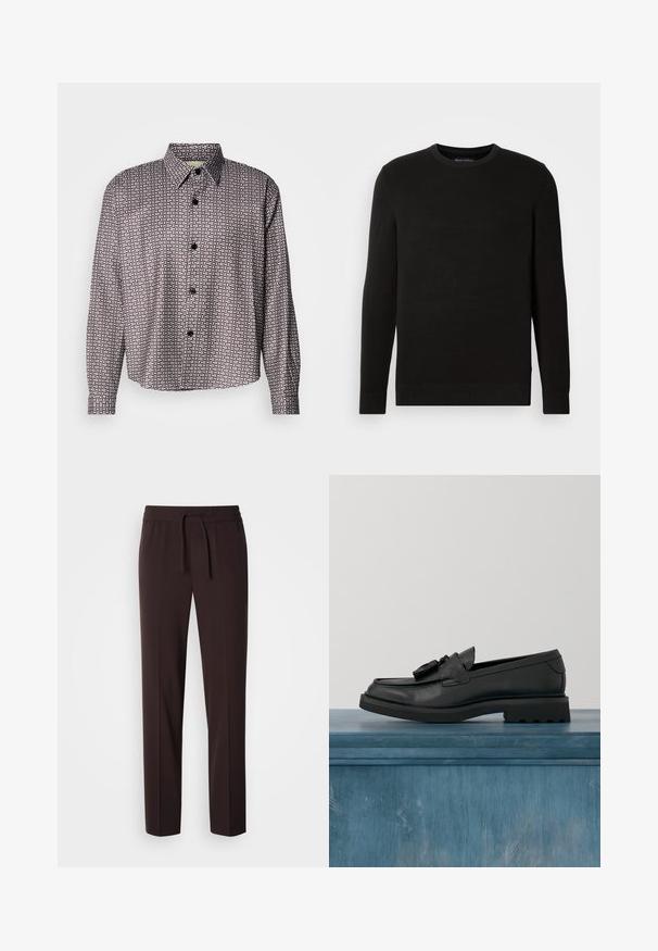 Sort strikfanget crew-neck sweater med lange ærmer, tekstureret stof, ribbede manchetter og kant, med et lille logo på brystet.; Sorte og hvide mønstrede skjorte med lange ærmer, knaplukning fortil, klassisk krave og et subtilt geometrisk design gennem hele skjorten.; Brune, lette, smalle bukser med elastisk linning og snørre. Glat tekstur og minimalistisk design, velegnet til afslappet brug.; Sorte læderloafer med glat finish, dekorativ kvast, tyk gummisål og syede detaljer. Let og elegant design.