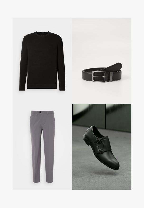 Suéter negro de punto con cuello redondo y mangas largas, tejido texturizado, puños y dobladillo acanalados, que presenta un pequeño logo en el pecho.; Pantalones grises a medida con una textura suave, diseño de pierna recta, cierre de un solo botón y bolsillos frontales. Sin patrones ni acentos visibles.; Zapato de cuero negro con un diseño elegante, que presenta dos hebillas plateadas y una punta redondeada, sobre un fondo gris.; Cinturón de cuero negro con hebilla de metal plateada, que presenta un acabado suave y un diseño clásico. El cinturón está neatly doblado.
