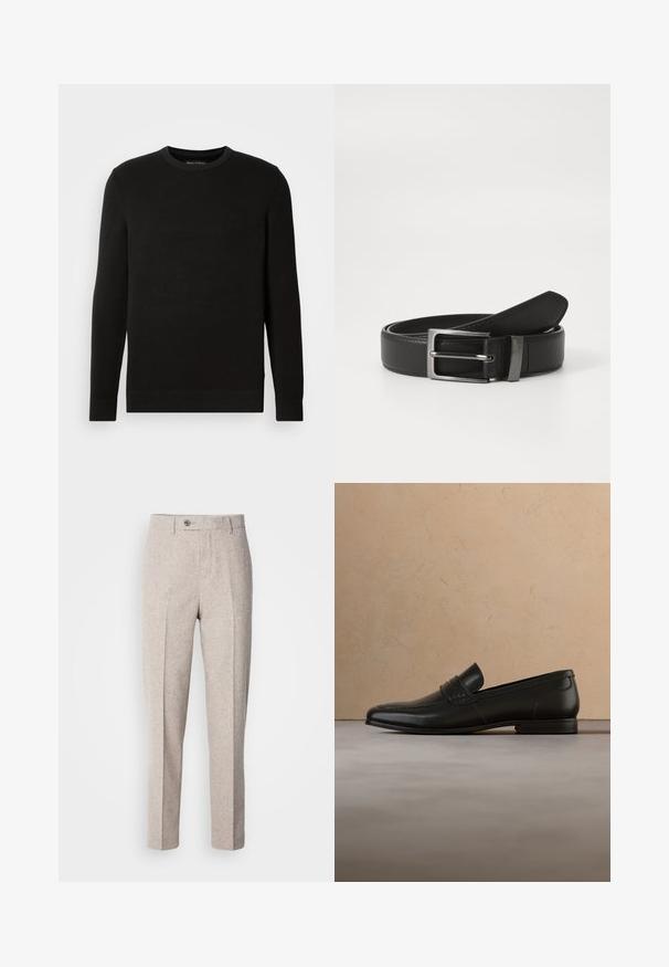 Suéter negro de punto con cuello redondo y mangas largas, tejido texturizado, puños y dobladillo acanalados, que presenta un pequeño logo en el pecho.; Pantalones de lana beige claro con una textura suave, corte recto, pliegues en la parte frontal y un cierre de botón único en la cinturilla.; Zapato mocasín de cuero negro suspendido en el aire sobre una alfombra beige con un sofá beige de fondo.; Cinturón de cuero negro con hebilla de metal plateada, que presenta un acabado suave y un diseño clásico. El cinturón está neatly doblado.