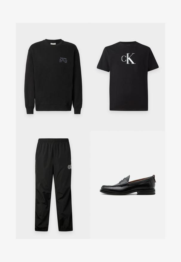 Sort bomulds sweatshirt med lange ærmer, rund halsudskæring og ribbede manchetter. Har broderet branding i blå på brystet.; Sort bomulds T-shirt med et sølv "ck" logo foran. Korte ærmer og rund halsudskæring med en almindelig pasform.; Sorte regnbukser lavet af letvægts, vandtæt materiale. Har en elastisk talje og logo-detalje på siden. Glat tekstur.; Sort læder herre loafer med moc-tå syning, penny strop, struktureret krave og lav stablet hæl på hvid baggrund.