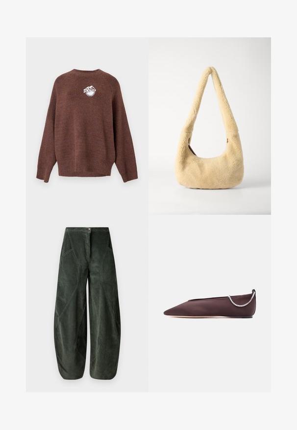 Pull en tricot marron avec des manches longues, un col rond et un logo brodé blanc représentant des montagnes et du texte sur le devant.; Pantalons à jambe large en velours côtelé vert foncé, dotés d'une fermeture à bouton et de poches latérales inclinées avec un motif texturé à côtes.; Chaussure plate marron foncé à bout pointu avec un petit talon et un détail chaîne en strass argentée à l'arrière.; Sac à épaule en shearling beige avec une poignée incurvée et une forme arrondie. La texture est douce et pelucheuse, avec des accents matériels minimaux.