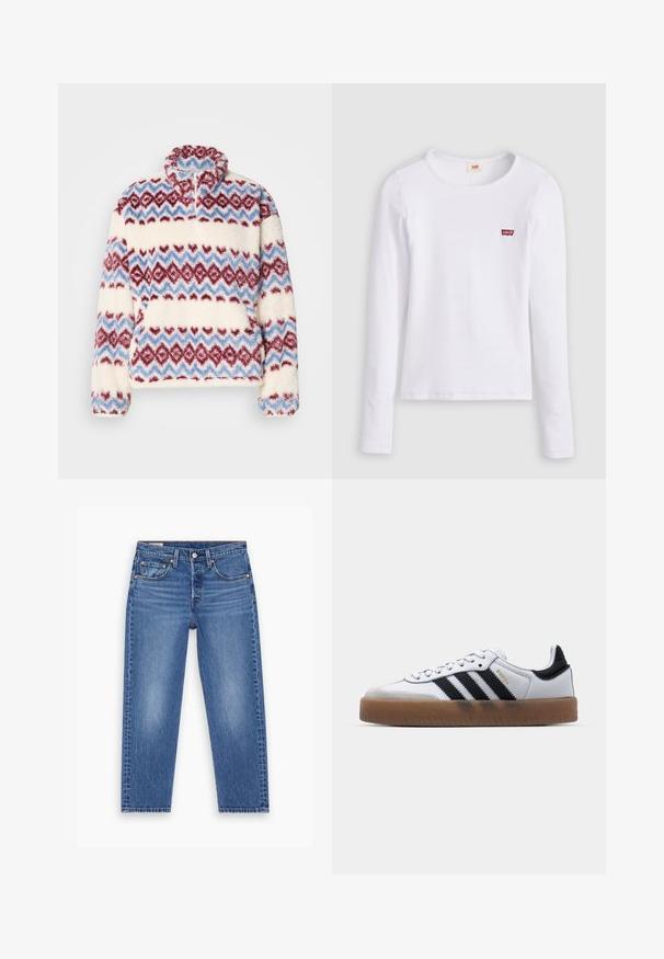 Fleece pullover met een hoge kraag en een meerkleurig zigzagpatroon in rood, blauw en crèmekleur. Zachte textuur en losse pasvorm.; Wit Levi's shirt met lange mouwen, ronde hals en klein rood Levi's-logo op de linkerborst, afgebeeld op een effen achtergrond.; Blauwe hoge taille straight-leg jeans met een knoop aan de voorkant, rits en vijf zakken, plat weergegeven op een witte achtergrond.; Witte leren sneakers met zwarte strepen, gumrubberen buitenzool, ronde neus, vetersluiting en een zachte grijze suède neuskap.