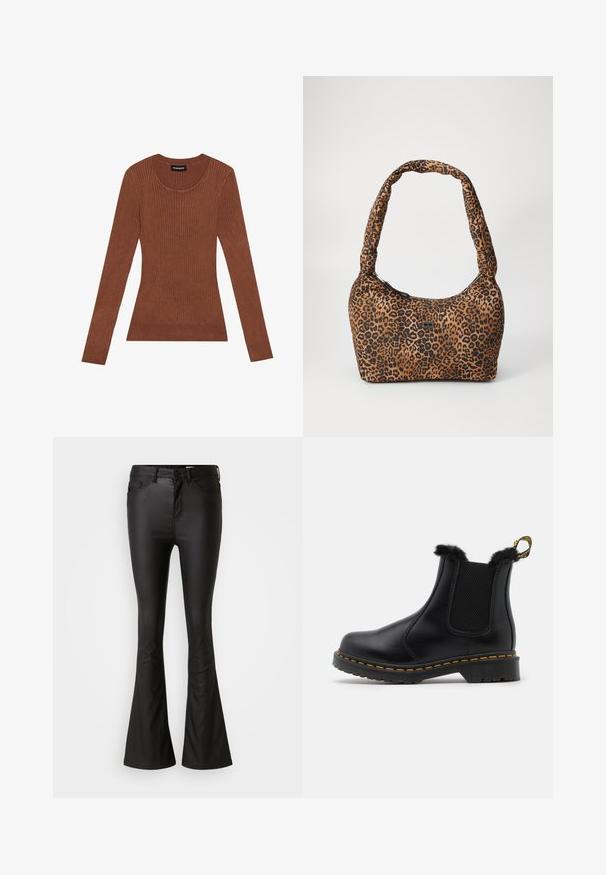 Ribbede brune sweater med lange ærmer og rund halsudskæring. Fremstillet af blødt materiale. Har en tætsiddende form og en sømløs finish.; Sorte flared jeans lavet af et blankt, glat materiale. Har høj talje, forlommer og en lynlås med knaplukning.; Sorte læder ankelstøvler med teksturerede elastiske sidepaneler, pelsbesætning øverst, gule sømme og en robust gummisål.; Leopardmønstret håndtaske i brunt og sort stof med en rund form, blød tekstur og en tyk, polstret skulderrem. Detalje med lynlås lukning.