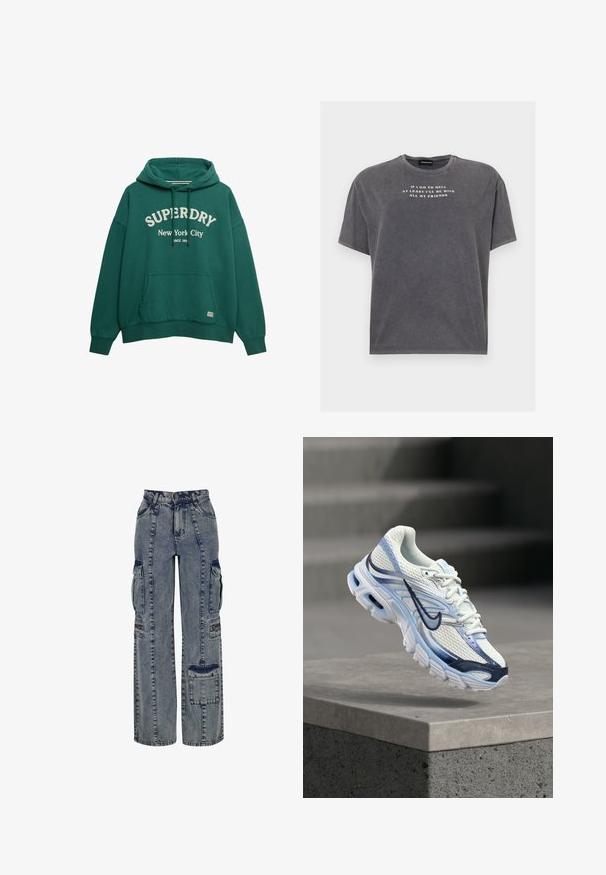 Groene hoodie van katoen, met een kangoeroezak, een capuchon met trekkoord en witte bedrukte logo tekst: "SUPERDRY New York City."; Even&Odd TONIA TEE - T-shirt print - black; Lichte blauwe denim cargo broeken. Kenmerken zijn wijde pijpen, meerdere zijzakken en contrasterende donkere denim accenten. Gestructureerd met zichtbare naden.; Witte en lichtblauwe sportschoen met donkerblauwe swoosh-logo, zwevend boven een grijze betonnen blok.