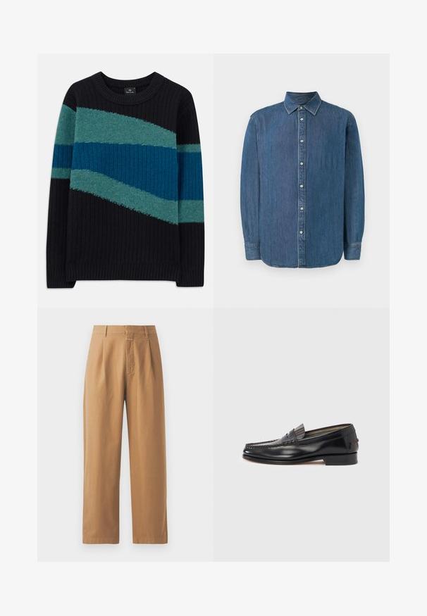 Sort ribbet striktrøje med diagonale teal- og blå striber over brystet og ærmerne, rund halsudskæring og lange ærmer.; Denimskjorte, mørkeblå, lange ærmer, klassisk krave, knapper foran og lige kant. Stofteksturen ser glat ud med en let glans.; Brune, brede bukser lavet af glat stof. Har høj talje med folder, bæltestropper og en enkelt frontlomme.; Sorte læderloafers med moccasin-design, der har en dekorativ bånd og syningsdetaljer på overdelen. Lav blokhæl.