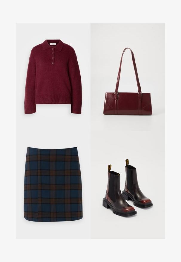 Pull en maille bordeaux avec col polo, fermeture à cinq boutons et poignets et ourlet côtelés. Couche confortable et coupe décontractée.; Jupe mini en tartan bleu marine avec des lignes marron et grises, fabriquée dans un tissu lisse, avec une fente discrète au dos pour plus de liberté de mouvement.; Dr. Martens MAYBOLE CHELSEA - Bottines à plateau - black/cherry red; Sac à main bordeaux en matériau brillant, de forme rectangulaire, avec deux anses et des accents légèrement courbés à l'avant.