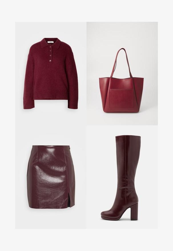 Pull en maille bordeaux avec col polo, fermeture à cinq boutons et poignets et ourlet côtelés. Couche confortable et coupe décontractée.; Mini-jupe en simili cuir bordeaux foncé avec une fente sur le côté gauche, texture lisse et léger éclat.; Anna Field Bottes à talons hauts - red; Sac fourre-tout en cuir rouge avec deux longues anses, doté d'une poche avant. Texture lisse et design structuré avec des côtés angulaires.