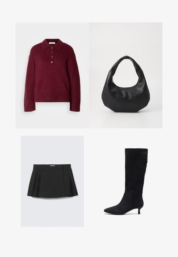 Bordeaux strikket sweater med polo krave, fem knap lukning og ribbede manchetter og kant. Behagelig og afslappet pasform.; Sort plisseret nederdel med et pinstripe mønster, lavet af struktureret stof med en talje, designet til en tætsiddende pasform.; Zign by Zalando Høje støvler/ Støvler - black; Sort flettet håndtaske med et buet håndtag, der har en struktureret overflade og en afslappet form. Glat finish med en organisk silhuet.