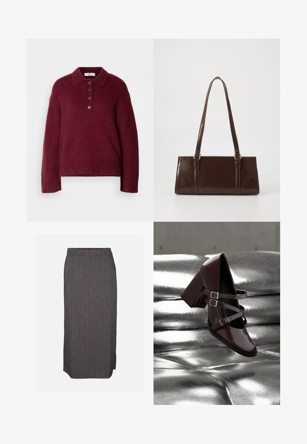 Bordeaux strikket sweater med polo krave, fem knap lukning og ribbede manchetter og kant. Behagelig og afslappet pasform.; Mørkegrå blyantskørt med tynde hvide lodrette nålestriber og et lille sideliv på en ensfarvet baggrund.; Blank, mørk bordeaux Mary Jane-sko med tre remme og sølvspænder svæver over en sølvmetallic polstret overflade.; Brun lakeret håndtaske med rektangulær form, to lange håndtag og subtile buede detaljer på fronten.