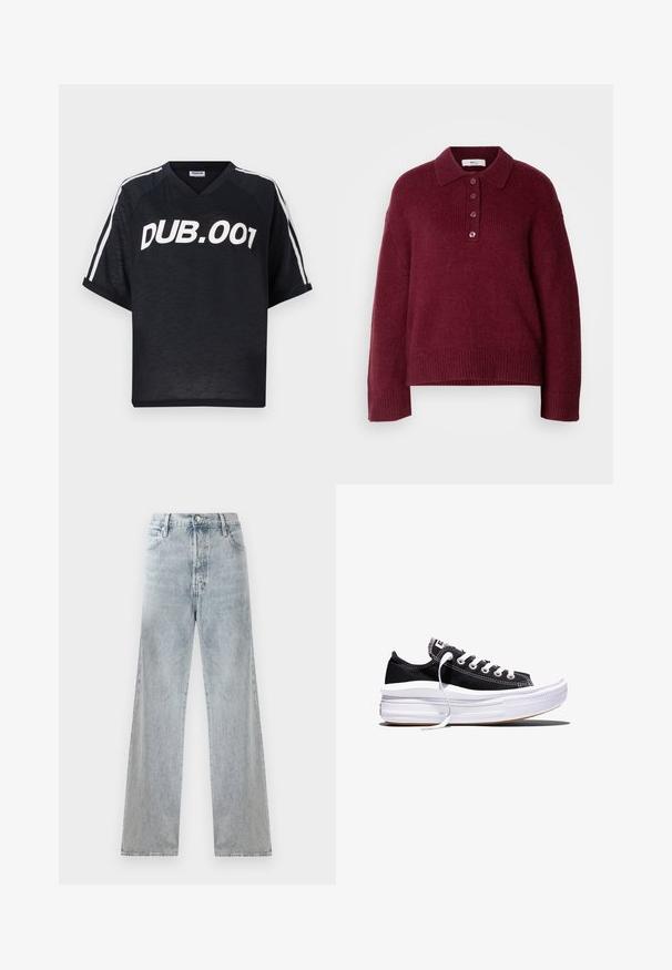 Bordeaux strikket sweater med polo krave, fem knap lukning og ribbede manchetter og kant. Behagelig og afslappet pasform.; Sort kortærmet T-shirt med V-hals, med hvid tekst "DUB.001" og hvide sidelister langs ærmerne. Glat tekstur.; Lyseblå denimbukser med høj talje, vid benstil og traditionelt fem-lomme design samt subtile slidte effekter.; Sort lavt liggende lærreds-sneaker med hvide snørebånd og tyk, flerlags hvid gummisål mod en hvid baggrund.