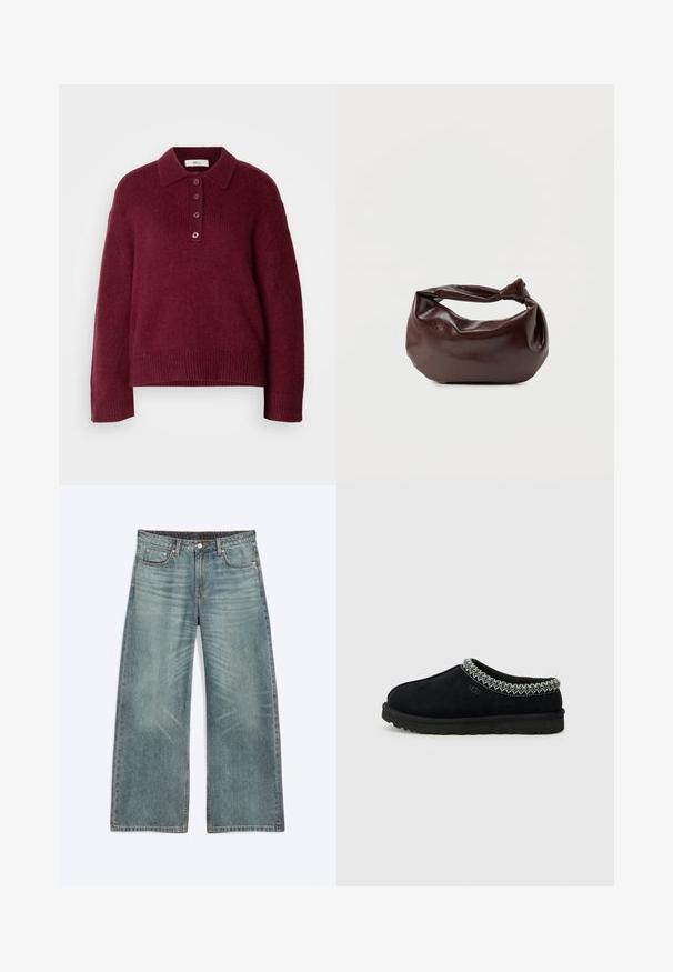 Pull en maille bordeaux avec col polo, fermeture à cinq boutons et poignets et ourlet côtelés. Couche confortable et coupe décontractée.; Jean bleu à jambes larges avec poches avant, passants de ceinture, fermeture par boutons et détails subtils d’usure sur les cuisses et les genoux.; Des sabots noirs en suede à enfiler présentent un accent tissé texturé le long du col et une semelle en caoutchouc noire avec un profil anti-dérapant.; Sac bandoulière en cuir marron foncé avec une forme souple et décontractée et une anse nouée torsadée sur un fond blanc uni.