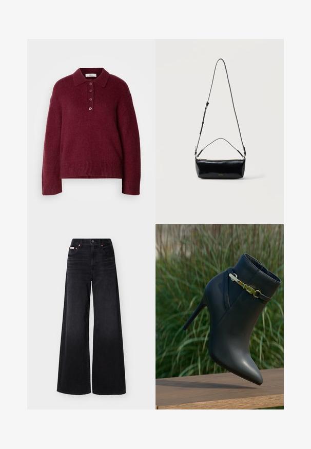 Bordeaux gebreide trui met een polo kraag, vijf knopen sluiting en geribde manchetten en zoom. Comfortabele en relaxte pasvorm.; Zwarte wijde jeans met hoge taille, knoop- en ritssluiting aan de voorkant, lussen voor een riem en een ontwerp met vijf zakken.; Zwarte high-heeled enkelboot met spitse neus en gouden gespdetails, weergegeven op een houten oppervlak met een achtergrond van groene bladeren.; Zwarte rechthoekige leren crossbodytas met verstelbare schouderriem, bovenrits en klein gouden Calvin Klein-logo aan de voorkant.