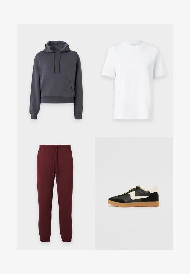 Grijs cropped hoodie gemaakt van zachte stof, met een voorzak, verstelbare trekkoorden en geribbelde manchetten.; Witte katoenen T-shirt met ronde hals, korte mouwen en een gladde textuur. Ontworpen met een comfortabele en veelzijdige relaxte pasvorm.; Bordeaux joggerbroeken met elastische tailleband, trekkoord, zijzakken en elastische boorden op een effen witte achtergrond.; Zwarte suède en leren sneaker met een crèmekleurige zij-swoosh en lichte crèmekleurige hiel. Voorzien van beige veters en een gumrubberen zool.