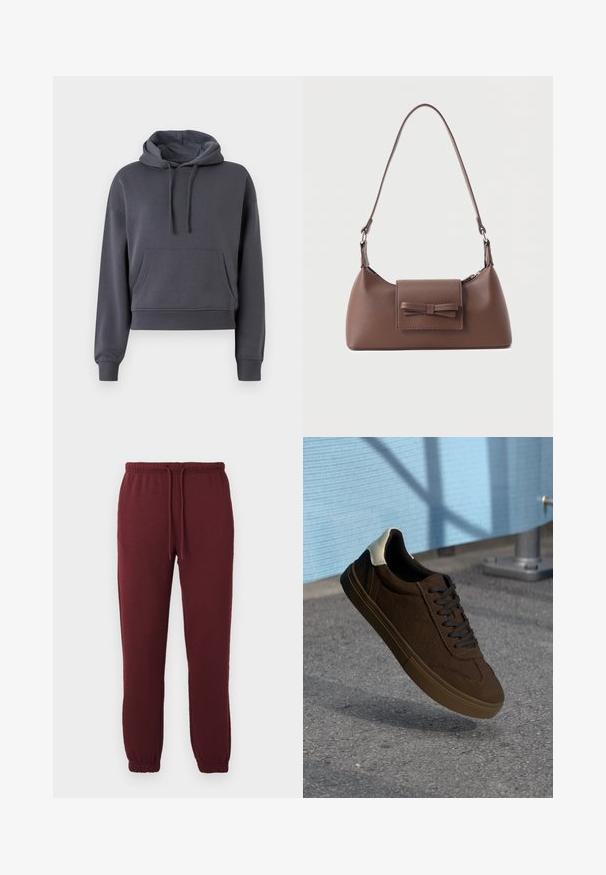Sudadera gris corta hecha de material suave, con un bolsillo delantero, cordones ajustables y puños acanalados.; Pantalones de chándal burdeos con cintura elástica, cordón, bolsillos laterales y puños elásticos sobre un fondo blanco liso.; Zapatillas bajas de ante marrón con cordones negros, que cuentan con una tapa de talón blanca y detalles de costura texturizados. Suela de goma.; Bolso bandolera de cuero marrón con un bolsillo frontal de solapa que presenta un detalle de moño cosido y una correa ajustable.