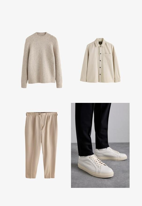 Helles beige, geripptes Sweatshirt mit hohem, rundem Kragen und langen Ärmeln. Weiche Textur und entspannter Schnitt, mit Raglan-Ärmeln.; Beiges Langarmhemd mit Knöpfen, Kragen und einer Brusttasche aus robustem Stoff.; Beige, leichte Hose mit lockerem Schnitt, ausgestattet mit Bundfalten und einem einzelnen Knopfverschluss an der Taille. Glatte Textur, verkürzte Länge.; Helle beigefarbene Leder-Sneaker mit flachen Schnürsenkeln, einer strukturierten Oberfläche und einer kontrastierenden, cremefarbenen Gummisohle, kombiniert mit schwarzen eng geschnittenen Hosen.