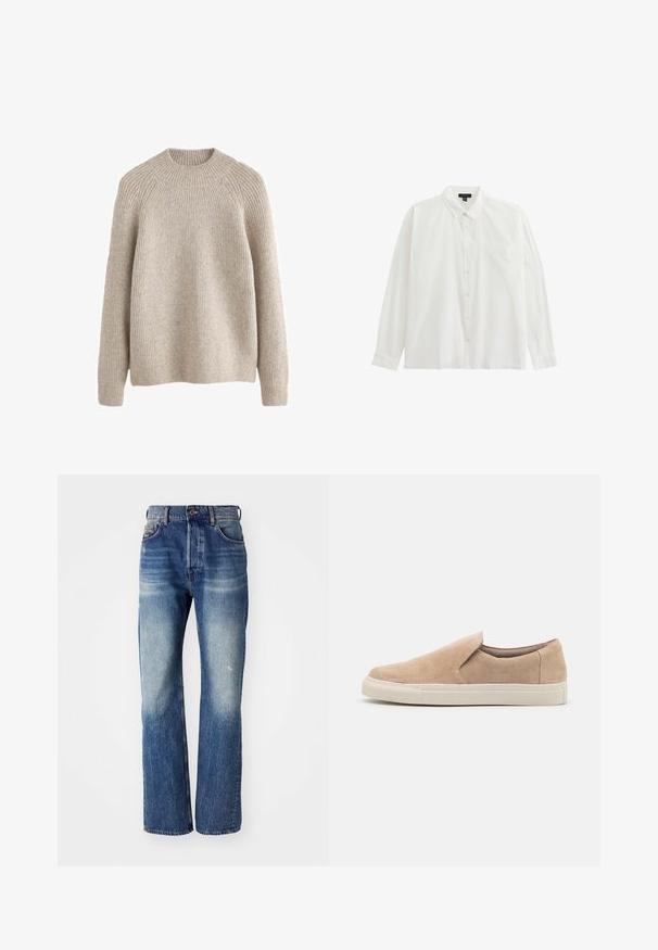 Licht beige geribde trui met een hoge, ronde hals en lange mouwen. Zachte textuur en een relaxte pasvorm, met raglan schoudernaden.; Witte lange mouwen knoopshirt, gemaakt van lichtgewicht stof, met een puntige kraag, een enkele borstzak en een rechte zoom.; Blauwe denim jeans met een rechte pijpdesign, met lichte vervaging en een lichte wassing aan de voorkant. Standaard vijf-pocket stijl.; Beige instapschoen van suède met een ronde neus, elastische zijkanten en een witte rubberen zool met textuuraccenten.