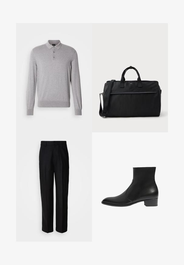Polo manches longues gris en tissu doux, avec col, patte à trois boutons et poignets et ourlet côtelés.; Pantalon noir en tissu lisse, avec une coupe droite, une taille plate et des passants de ceinture, présenté sur un fond uni.; Bottine en cuir noir avec un design élégant, bout pointu et un petit talon carré. Présente un panneau latéral sans couture pour un aspect épuré.; Sac de voyage rectangulaire noir avec doubles poignées, bandoulière réglable, poche zippée à l'avant et petit logo "BOSS" à l'avant.