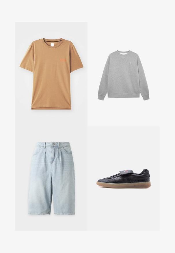 Sudadera gris hecha de una suave mezcla de algodón. Presenta un cuello redondo clásico, mangas largas, puños acanalados y un pequeño logo en el pecho.; Camiseta de algodón marrón de manga corta con cuello redondo, que presenta un pequeño texto naranja en el pecho y un ajuste relajado.; Pantalones cortos de mezclilla azul claro con pliegues delanteros, trabillas para cinturón y bolsillos laterales y delanteros sobre un fondo blanco liso.; Zapatilla baja negra con patrón texturizado, suela de goma, cordones en la parte delantera y solapa con la marca "ICEBERG" en el lateral y la lengüeta.