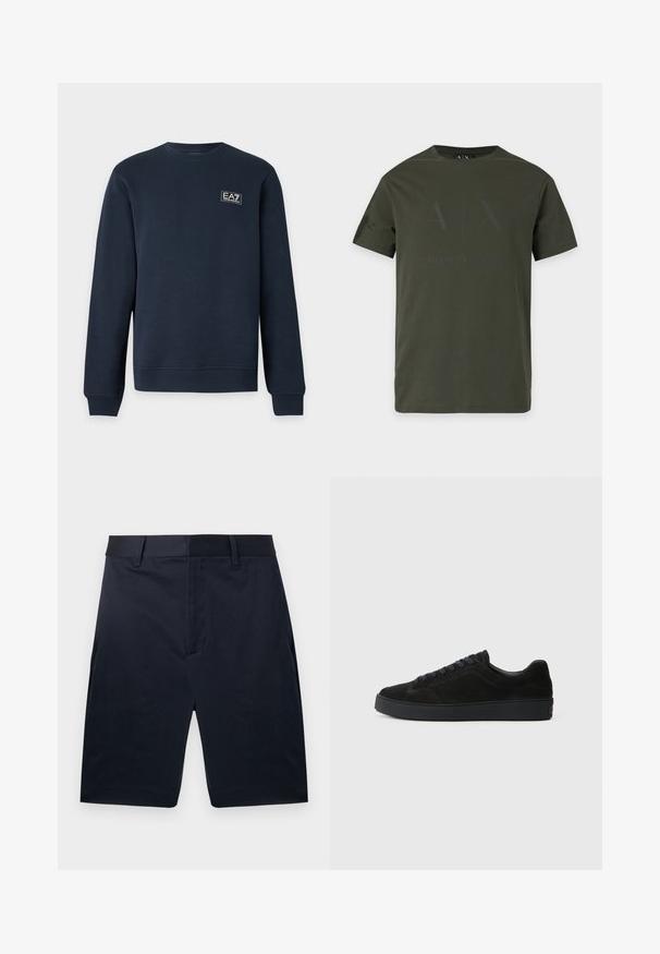 Sweat-shirt bleu marine à manches longues avec col rond, poignets et ourlet côtelés, avec un petit logo EA7 Emporio Armani sur la poitrine gauche.; T-shirt vert foncé à manches courtes et col rond avec un logo noir subtil Armani Exchange sur le devant.; Shorts bleu marine sur mesure, longueur genou, avec passants de ceinture et fermeture à glissière avant cachée, présentés à plat sur un fond blanc.; Basket en suède noire avec une semelle plate et texturée, un bout rond, six œillets pour les lacets et un design minimaliste.